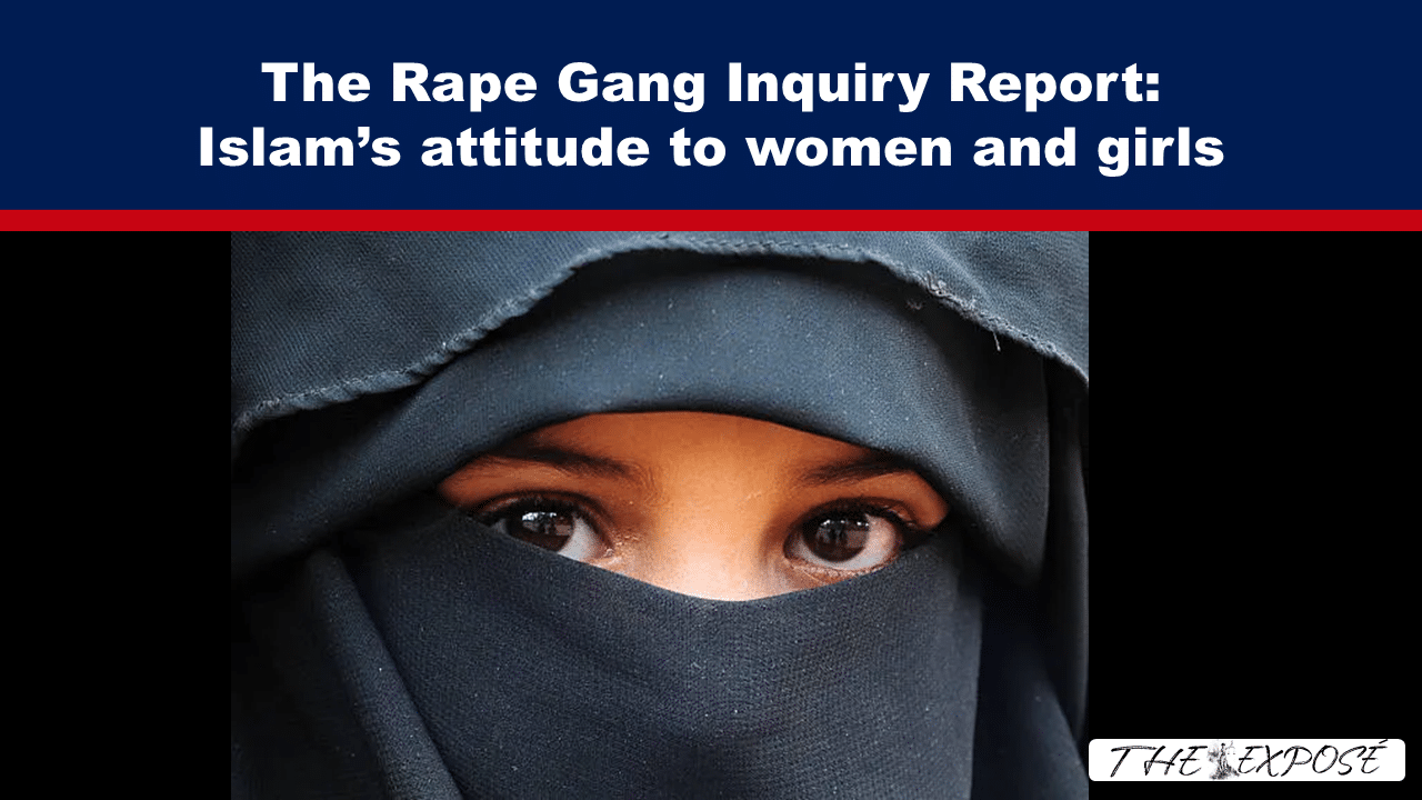 AugFeat5 - The Expose News banner with the headline about a rape gang inquiry and Islam, above a veiled woman's eyes showing through a dark veil.