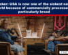 Two podcast hosts sit in leather chairs in a brick-walled studio, speaking into microphones under a bold headline banner about Sue Becker and processed bread.