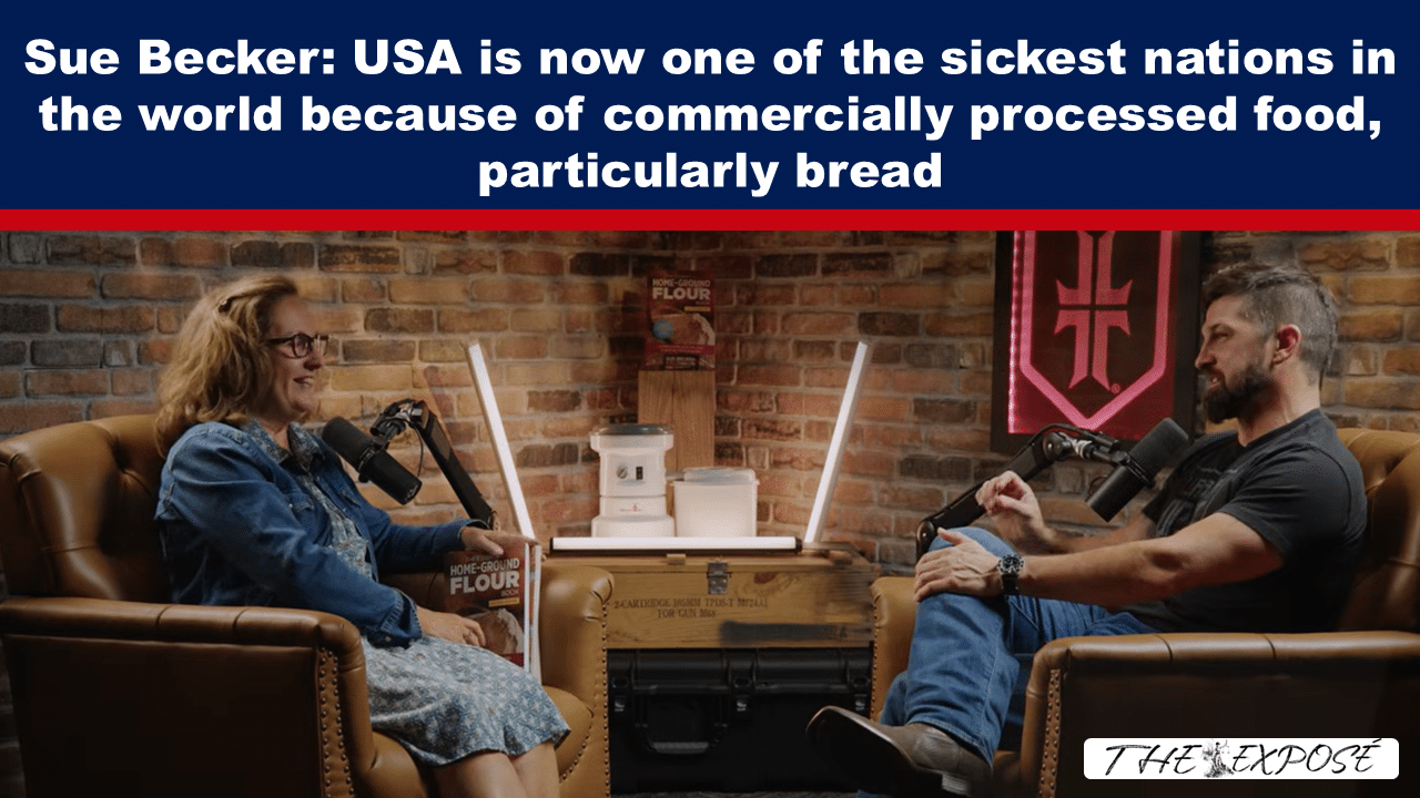 Two podcast hosts sit in leather chairs in a brick-walled studio, speaking into microphones under a bold headline banner about Sue Becker and processed bread.