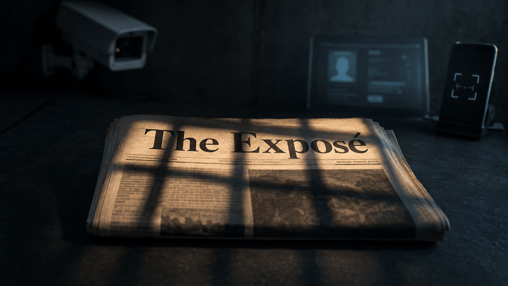A folded newspaper titled “The Exposé” lies under warm light on a dark desk, crossed by prison-bar shadows, while blurred CCTV and digital-verification devices loom in the cold, shadowy background.