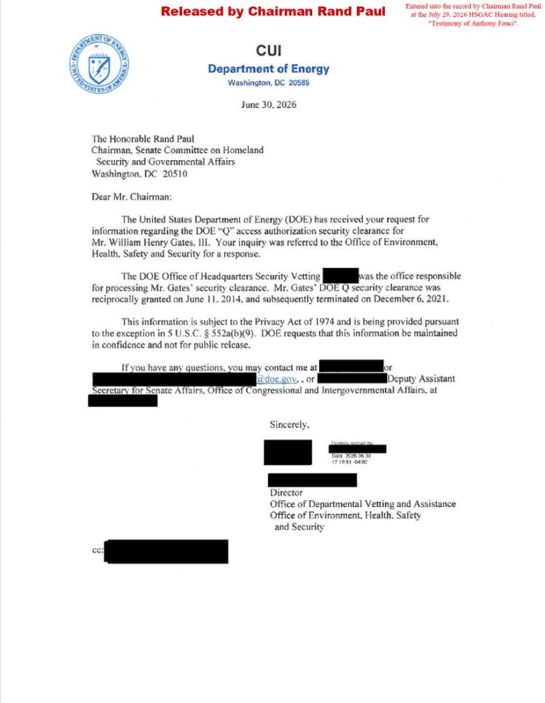 image - The Expose Official DOE letter dated June 30, 2026, about DOE Q security clearance, with department seal.