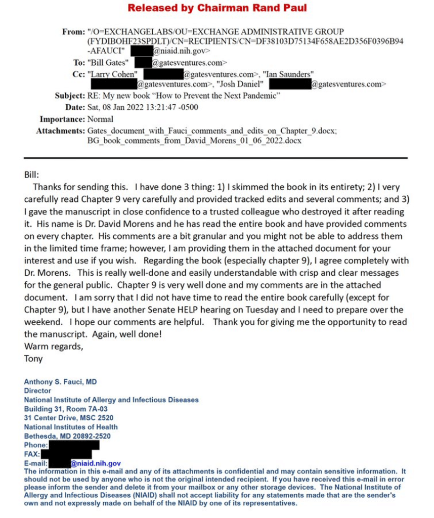 image - The Expose Email screenshot with 'Released by Chairman Rand Paul' header, showing Fauci's notes to Bill Gates and others about a manuscript and attachments.