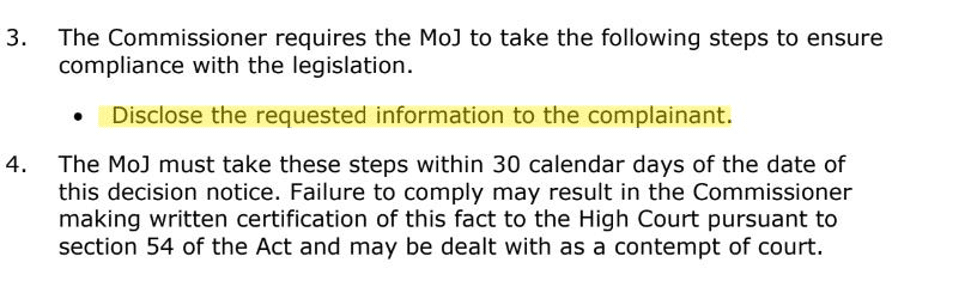 image - The Expose Document excerpt: Step 3 requires the MoJ to ensure compliance; the bullet reads 'Disclose the requested information to the complainant' (highlighted). Step 4 states the MoJ must act within 30 calendar days of the decision notice to avoid contempt of court.