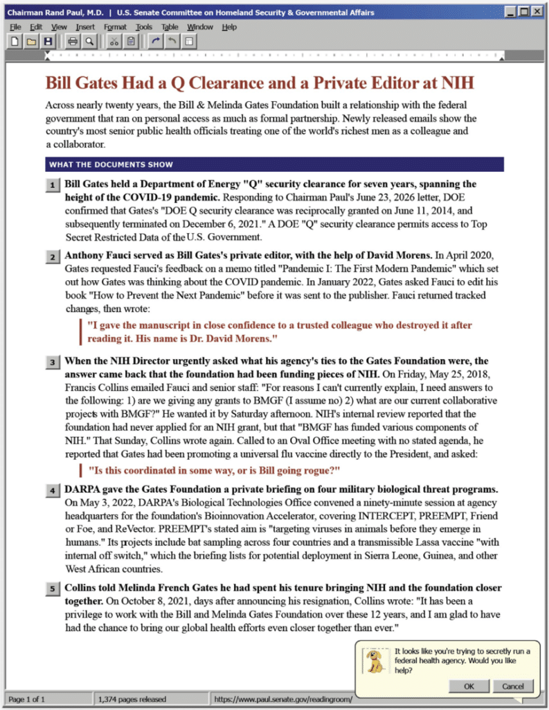 image - The Expose Screenshot of a Windows browser displaying an article titled 'Bill Gates Had a Q Clearance and a Private Editor at NIH,' with numbered document summaries and a bottom-right help popup.