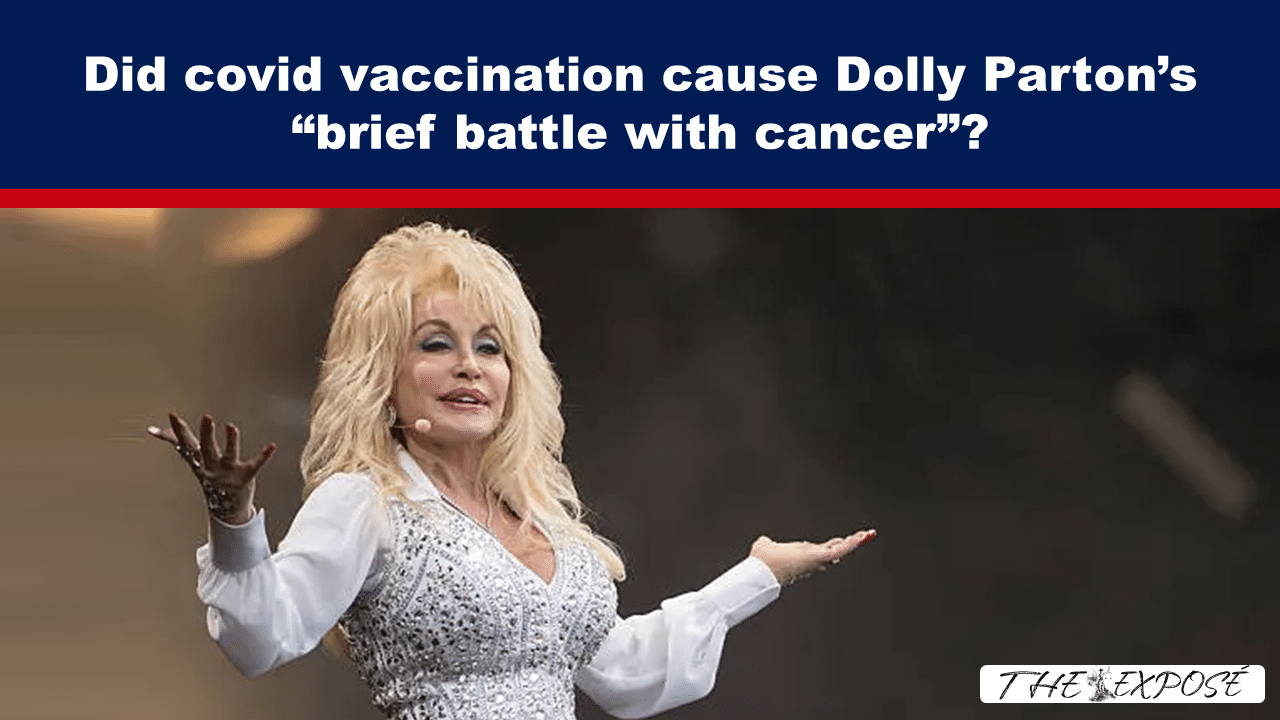 Banner headline about Dolly Parton and COVID vaccines over a photo of a blonde singer on stage in a glittery silver outfit.