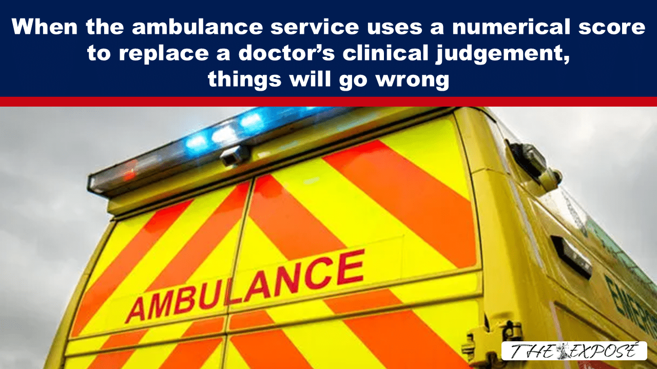 Headline about ambulance scoring replacing doctors' judgment, over a yellow ambulance with red chevrons in the image header.