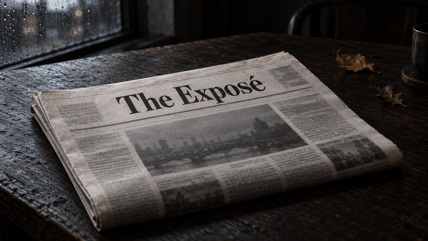 The Exposé newspaper on a dark wooden table beside a rain-streaked window.